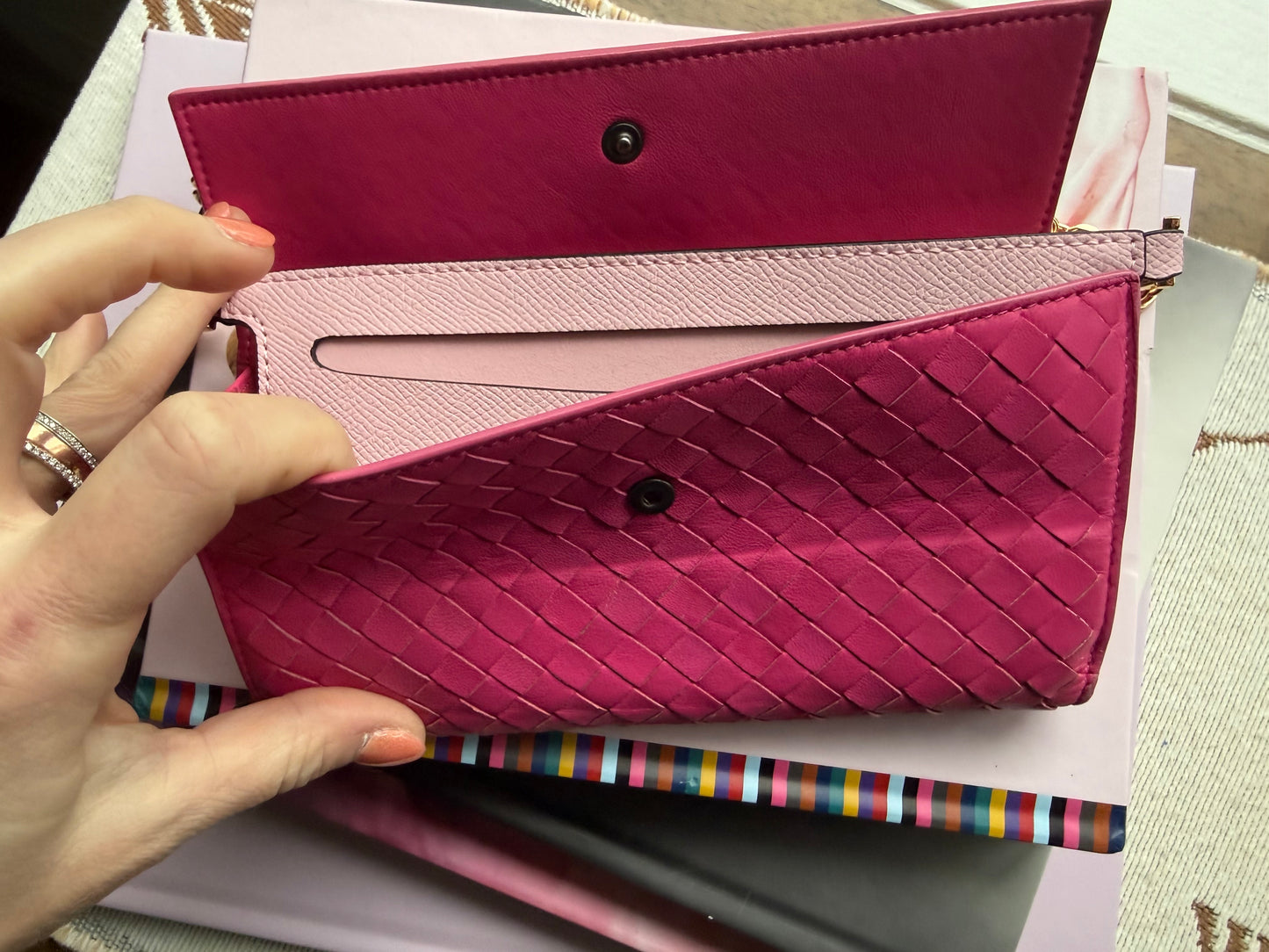 Authentic Preloved Bright Pink Bottega Long Wallet on Chain