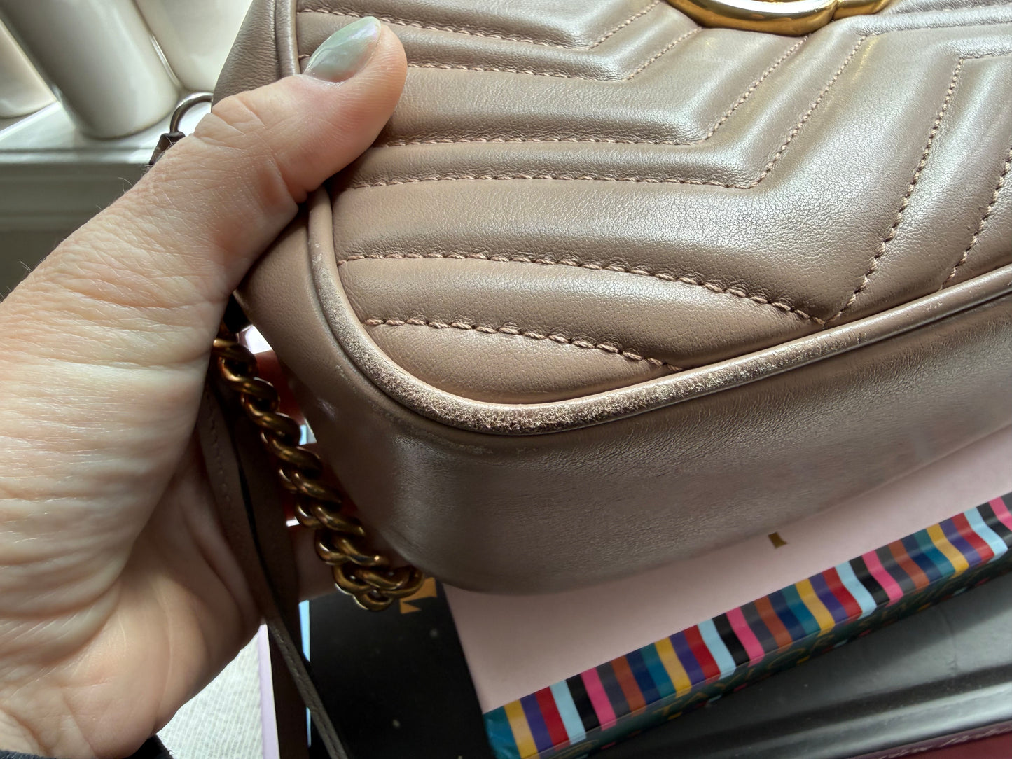 Authentic Preloved Calfskin Classic Matelasse Small GG Marmont Chain Shoulder Bag in Porcelain Rose