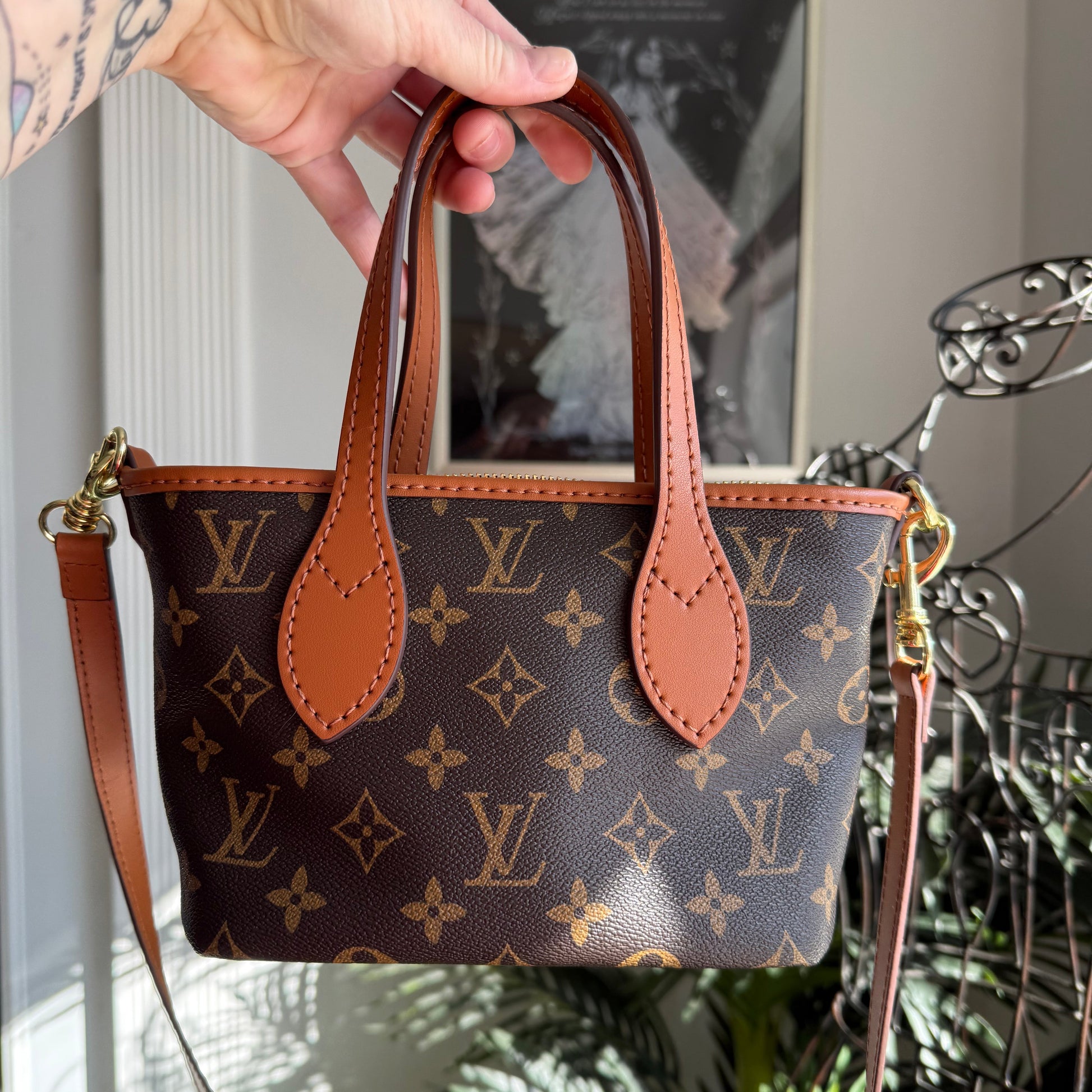 Handmade upcycled Louis Vuitton handbag with monogram pattern